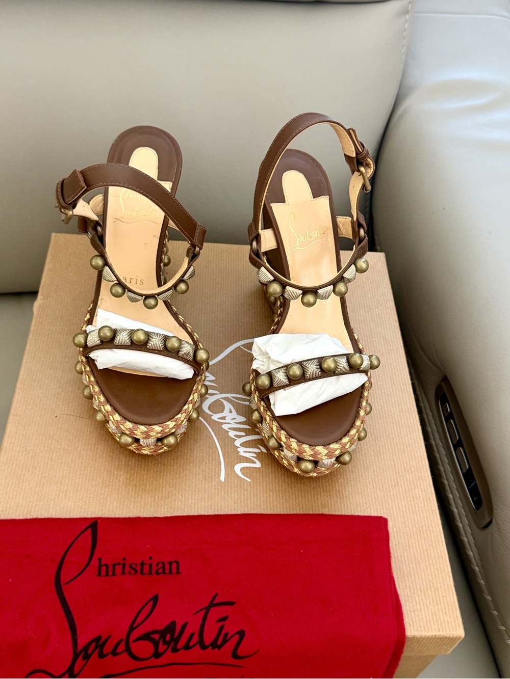 Christian Louboutin Brown Leather Studded Platform Sandals